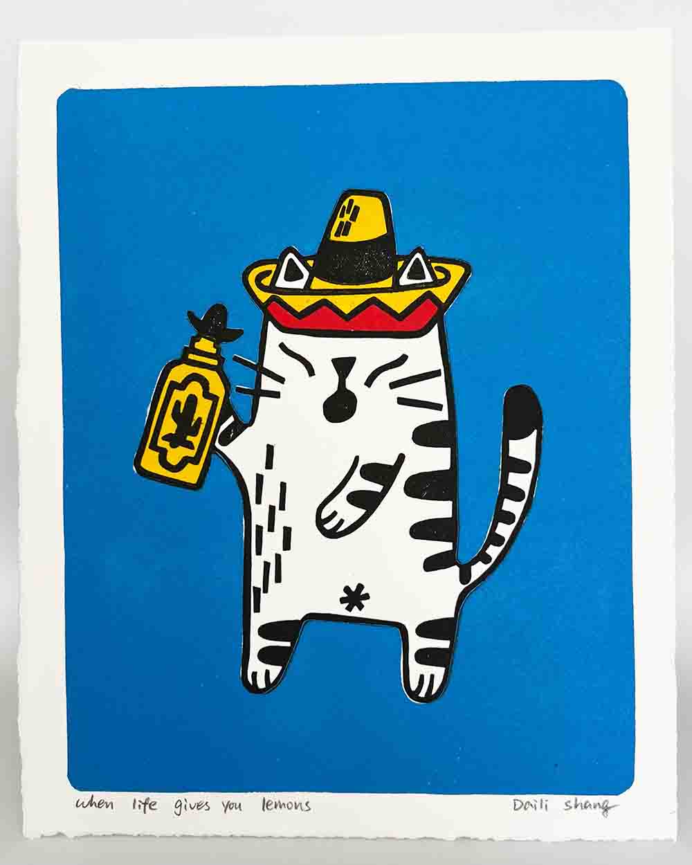 Mexican cat holding a tequila bottle in sombrero
