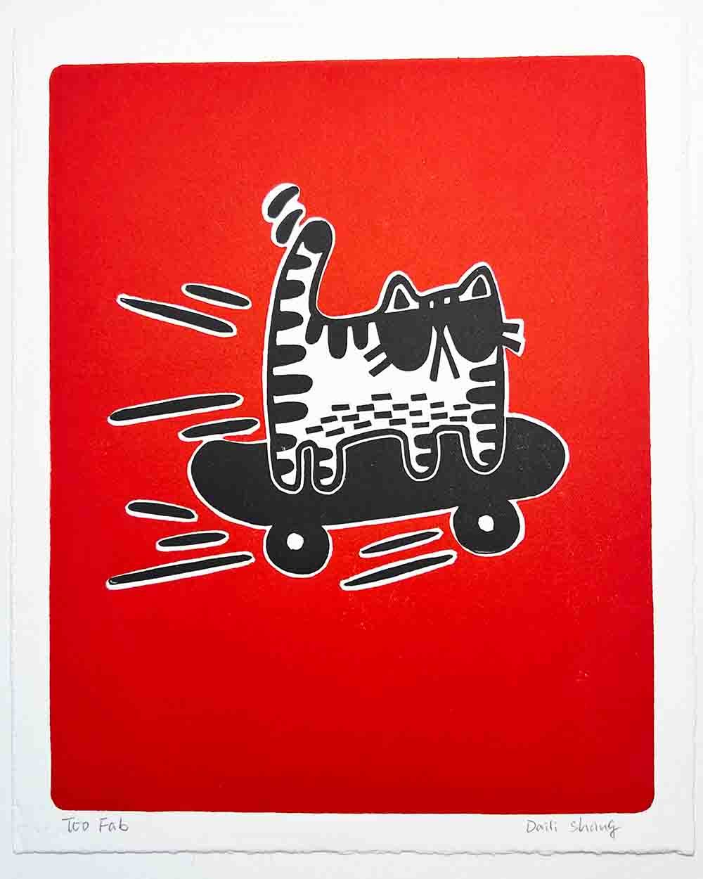 cat wearing sunglasses on a skate board art print
