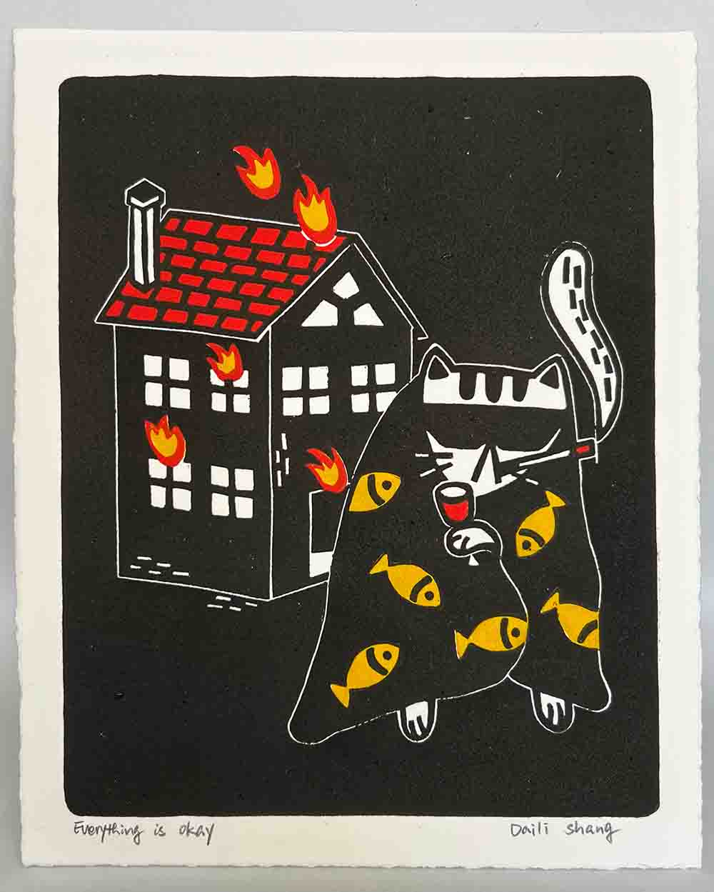 cat in front of a burning house drinking wine