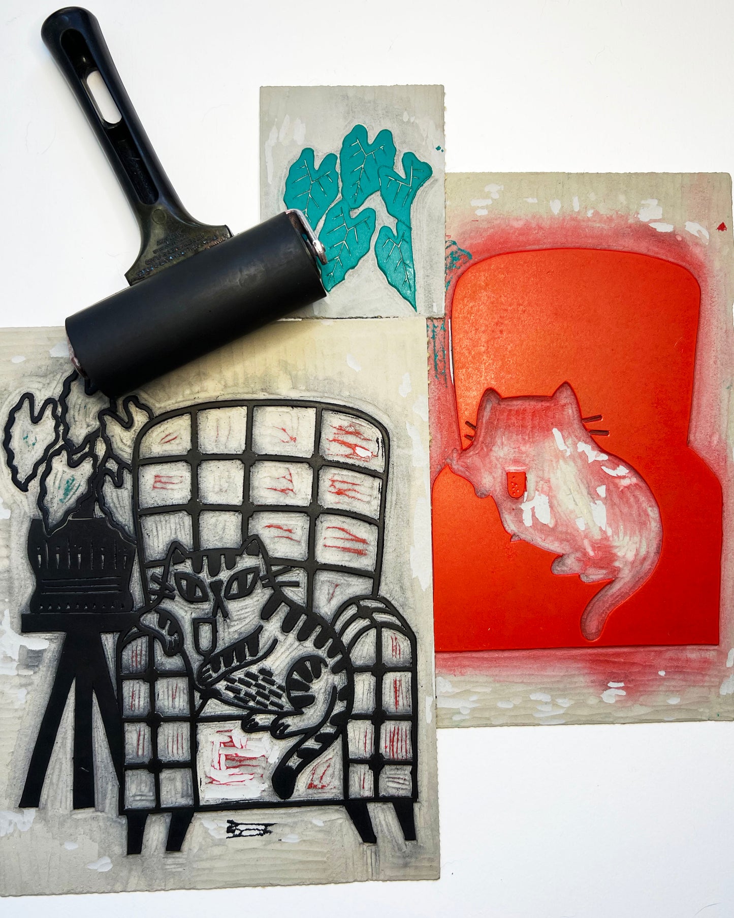 carved linoleum block, multi color linoleum print