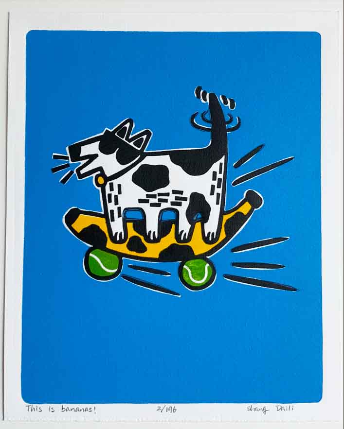dog on a banana board blue print