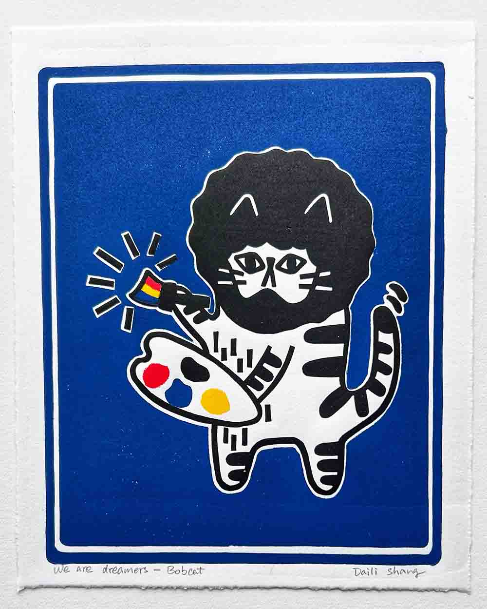 bob ross cat blue art print