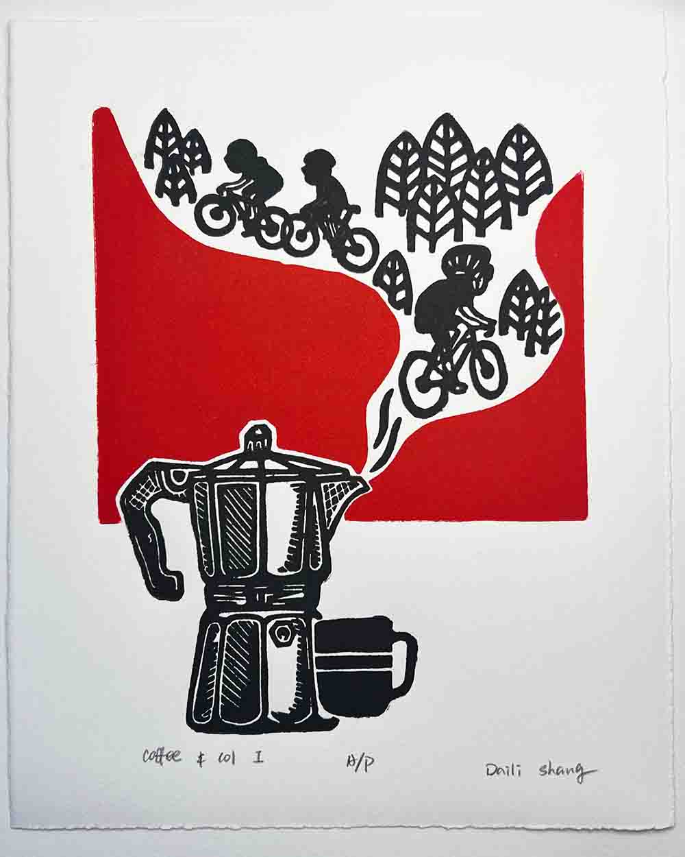 Cycling Handmade Linocut Art Print - Coffee and Col I
