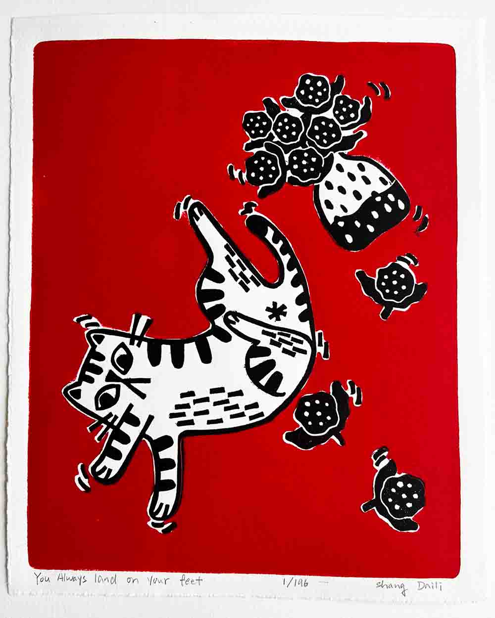 Cat Handmade Linocut Art Print - You Always Land On Your Feet