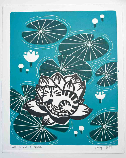cat sleeping on a lotus, lily pond, teal print