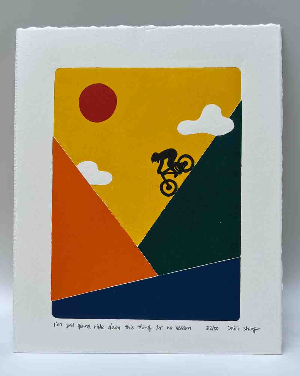 Cycling Handmade Linocut Art Print - I am just gonna ride down this thing for no reason