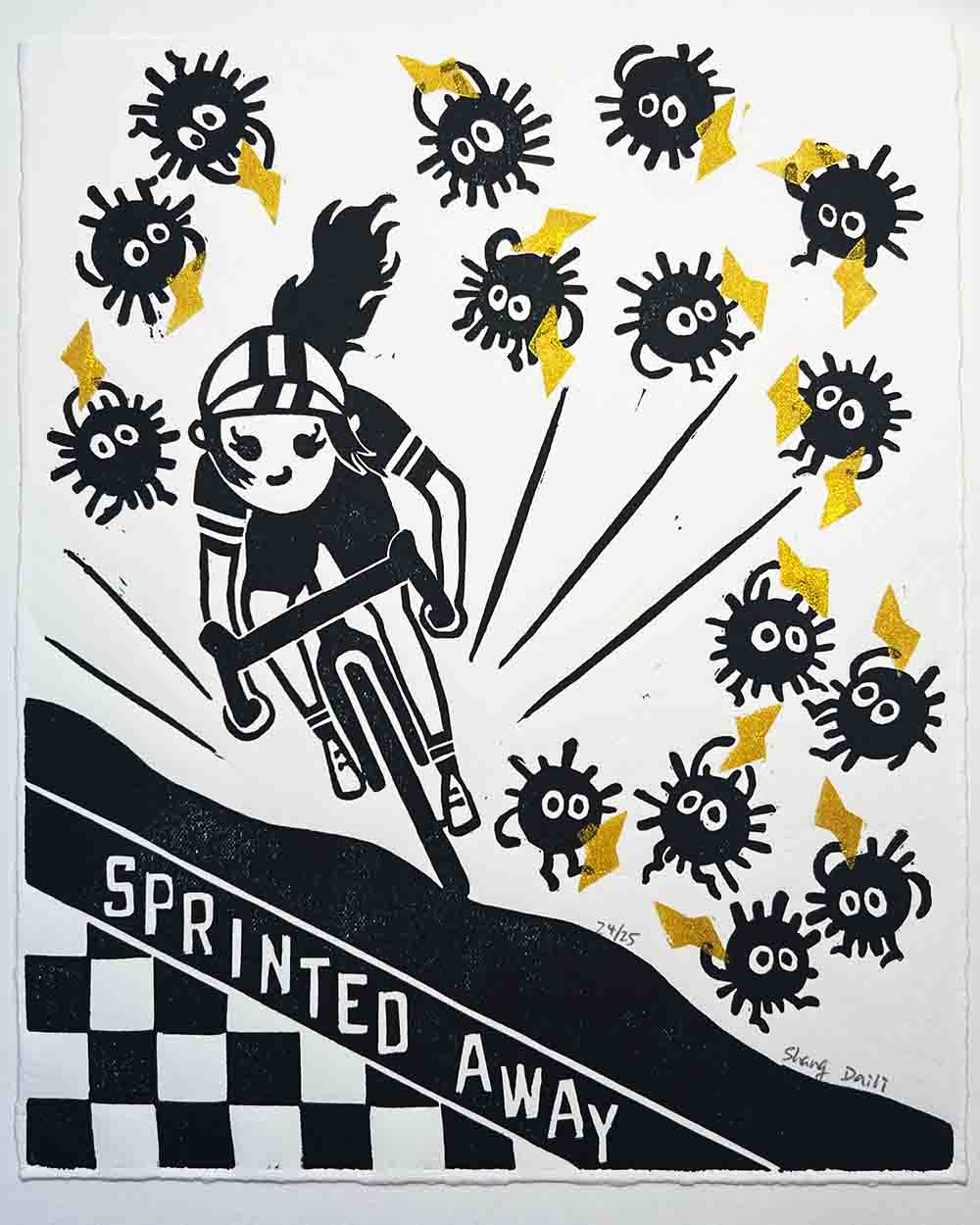 Cycling Handmade Linocut Art Print - Sprinted Away