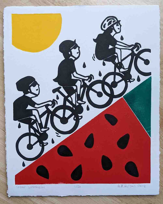 Cycling Handmade Linocut Art Print - Salted Watermelon