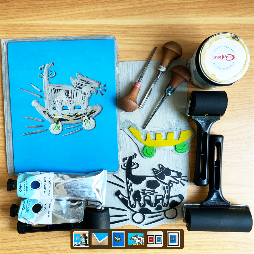 multi color lino block, Pfeil Cutter, Cranfield oil based ink, brayer roller