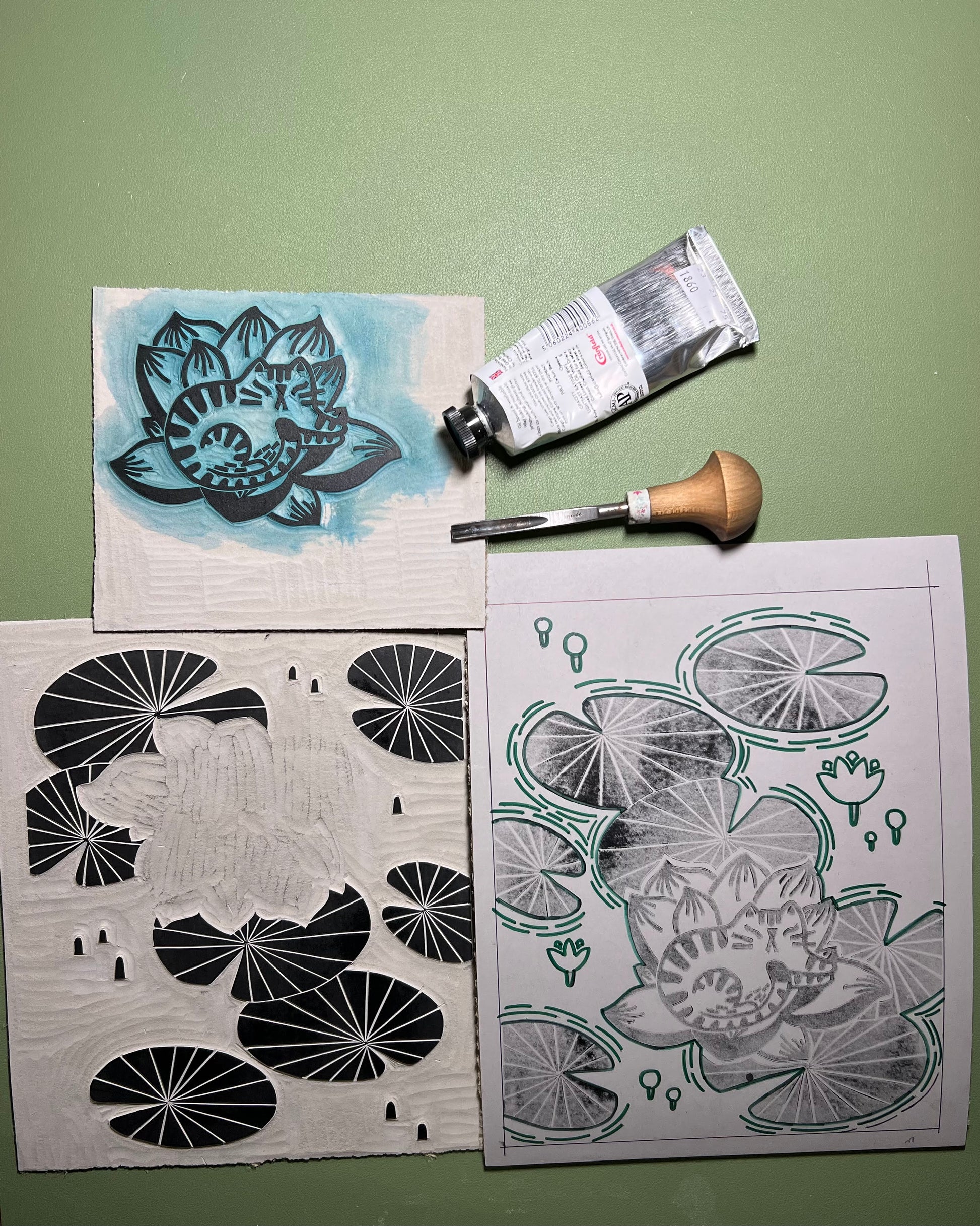 three color linoleum block