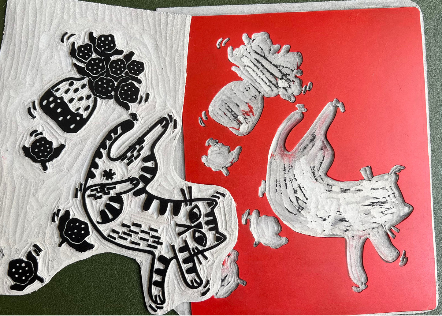 two color linoleum print block